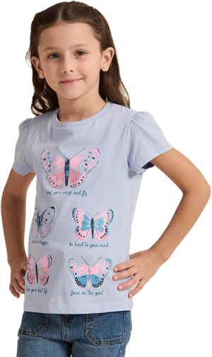 REDTAG Girls Blue Butterfly Print T-Shirt