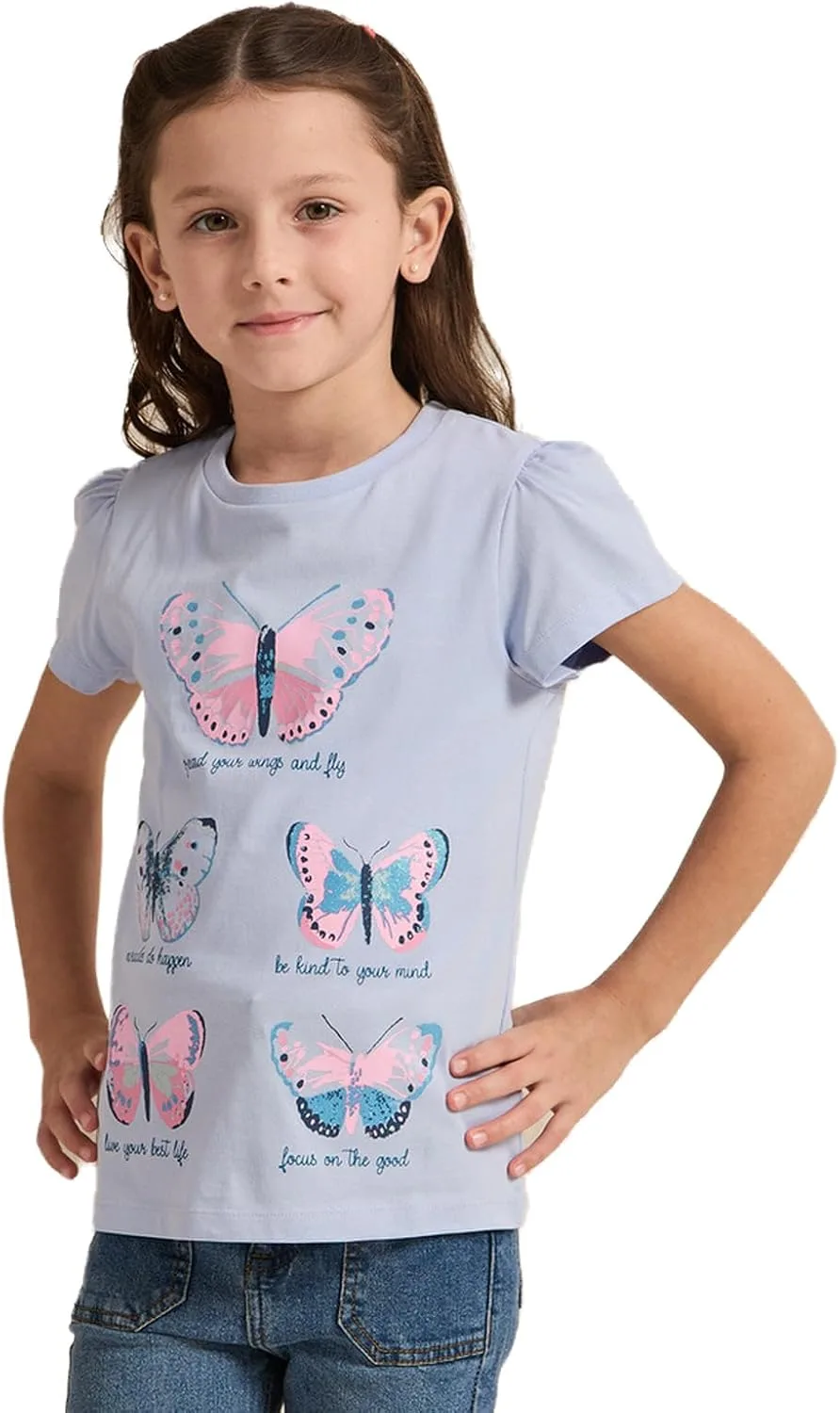 REDTAG Girls Blue Butterfly Print T-Shirt
