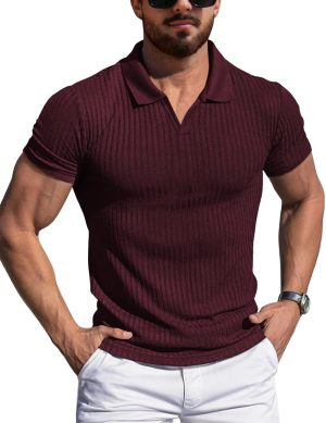 YTD Men's Muscle V Neck Polo Shirts Slim Fit Solid Short Sleeve Golf T-Shirts Ribbed Knit Soft Tees