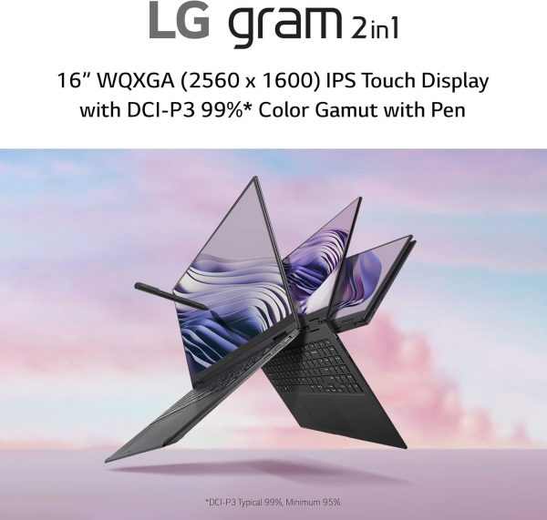⁦LG gram (2022) 16T90Q 2-in-1 Tablet Laptop, 16" (2560 x 1600) IPS Display, Intel Evo 12th Gen i7 1260P Processor, 16GB LPDDR5, 2TB NVMe SSD, FHD Webcam, WiFi 6E, Thunderbolt 4, Windows 11, Black⁩ - الصورة ⁦6⁩
