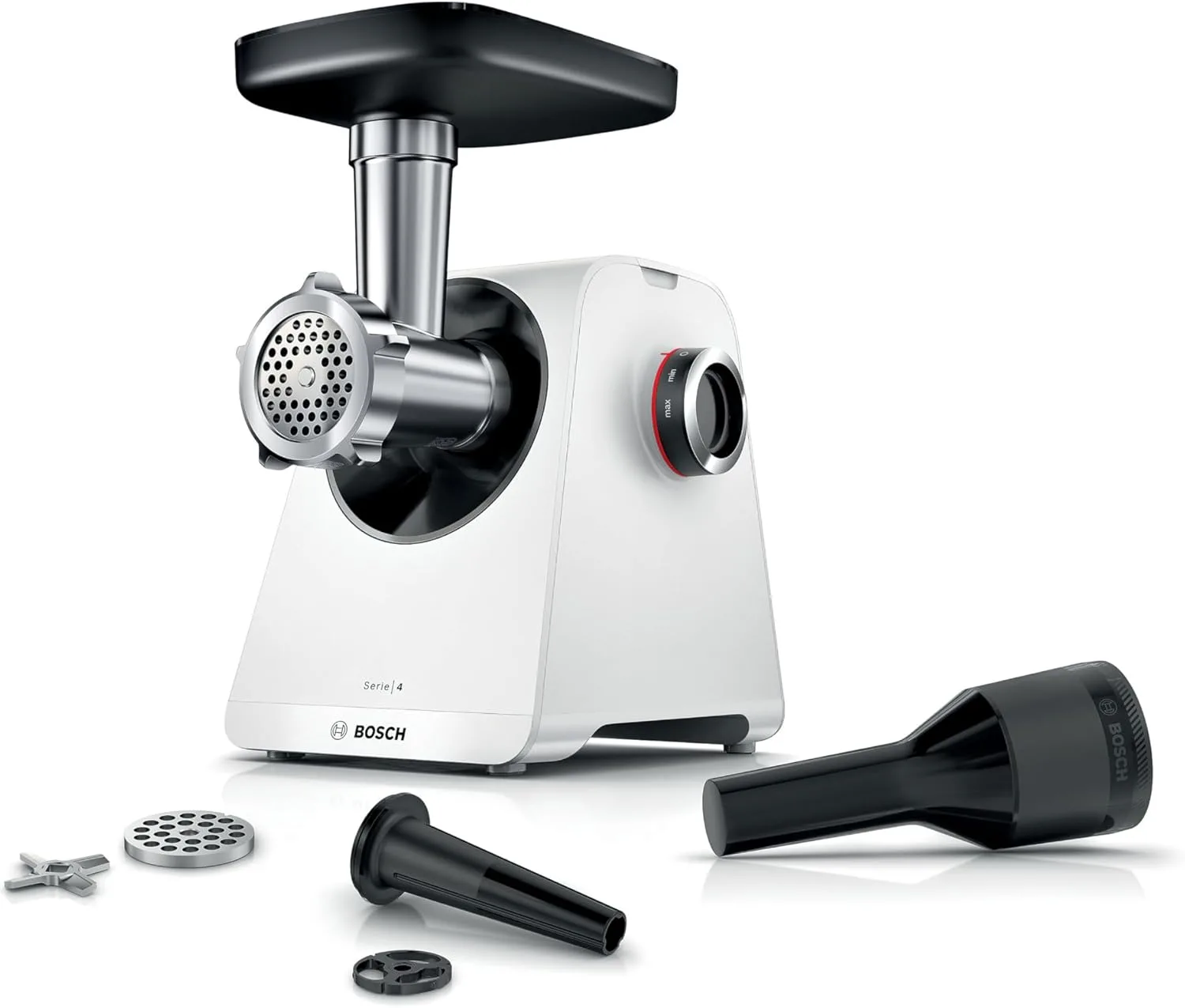 Bosch, MultiPower Series 4 Meat Grinder Powerful 1900 Watt Motor Meat Grinder Sausage Topper, White, MFWS420W