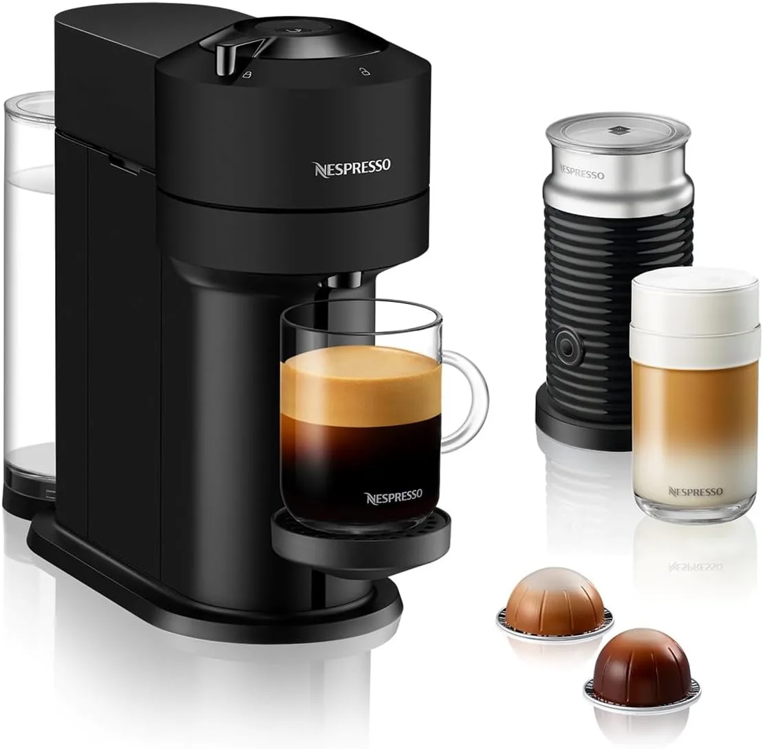 Nespresso Vertuo Next GCV1 Capsule Coffee Machine, With Aeroccino 3 Milk Frother for Cappuccino & Latte, Brews 7 Cup Sizes for Black Coffee, 1.1 L, Matt Black