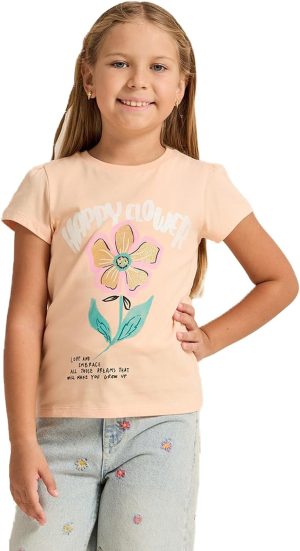 REDTAG Girls Orange Happy Flower Printed T-Shirt