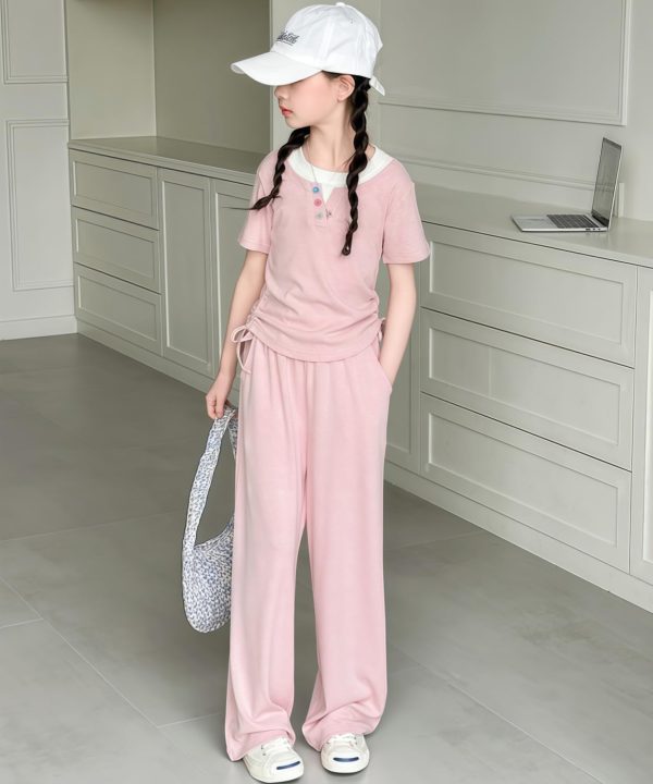 ⁦Girls' Summer Two-Piece Casual Set, Pink Short-Sleeve Top and Wide-Leg Trousers, Ages 5-16 Years clothing⁩ - الصورة ⁦6⁩