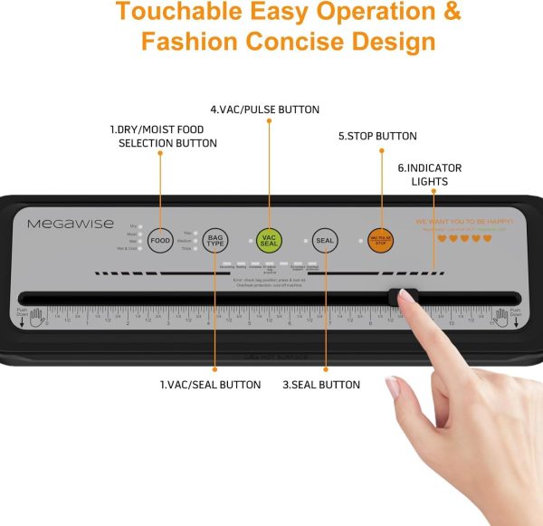 ⁦MEGAWISE 2023 Updated Vacuum Sealer Machine, Food Sealer w/Starter Kit, Dry & Moist Food Modes, Compact Design with 10 Vacuum Bags & Bulit-in Cutter(Grey)⁩ - الصورة ⁦6⁩