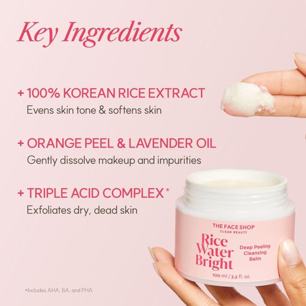 ⁦The Face Shop Rice Water Bright Cleansing Balm, Removes Makeup & SPF, 4-in-1 Makeup Remover, for All Skin Types, Korean Rice Extract, Lavender Oil, 100ml / 3.3 fl. oz.⁩ - الصورة ⁦4⁩