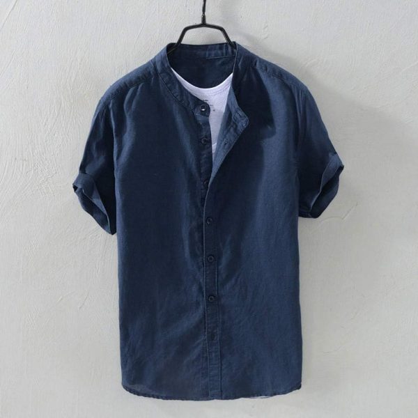 ⁦Fankle Mens Button Down Shirts Casual Short Sleeve Linen Tops Cotton Lightweight Tees Plain Henley Shirts Banded Collar, Navy, XL⁩ - الصورة ⁦2⁩