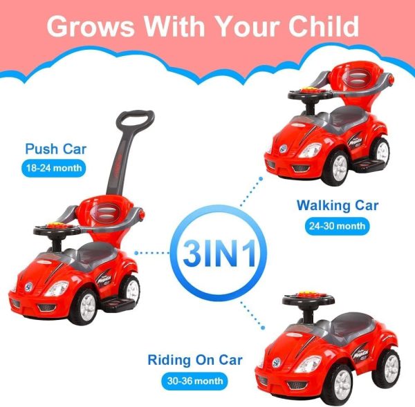 ⁦3 in 1 Kids Ride on Car Push Car with Music and Lights, Push Car Toy for Kids with Safety Bar and Push Handle, for 1-3 Years Old Toddlers (Red)⁩ - الصورة ⁦2⁩