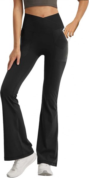 Jinhiteam Leggings with Pockets for Girls Solid Black Stretch High Waist Tummy Control Workout Dance Bootcut Yoga Pants