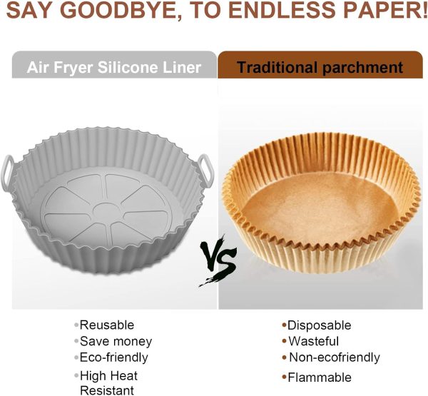 ⁦XIILSIE Air Fryer Silicone Pot, 2Pcs 8.6'' Air Fryer Silicone Liners Food Safe Non Stick Air fryer Basket Oven Accessories, Reusable Replacement of Parchment Liner Paper Fits 5.3QT or Bigger Air Fryer⁩ - الصورة ⁦5⁩