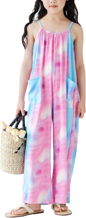 SEAUR Girls Sleeveless Jumpsuits Side Slit Wide Leg Romper with Pockets for Beach Vacation