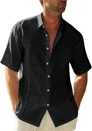 Mens Beach Linen Shirts Short Sleeve Cuban Button Down Casual Summer T Shirt Guayabera Hawaiian Tee Loose Fit Tops