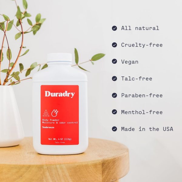 ⁦Duradry Body Powder - Sweat Defense & Odor Control, Sweat Absorbing, Anti-Chaffing, All Natural Powder, Talc-Free, Prevents and Eliminates Any Body Odor Naturally - Seabreeze, 4oz⁩ - الصورة ⁦7⁩