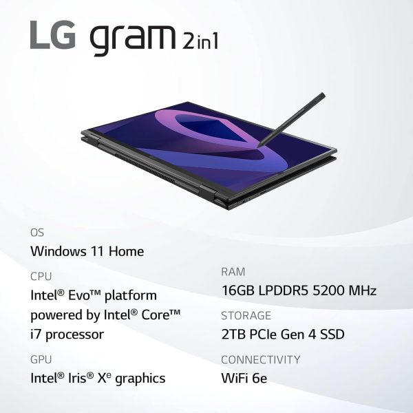⁦LG gram (2022) 16T90Q 2-in-1 Tablet Laptop, 16" (2560 x 1600) IPS Display, Intel Evo 12th Gen i7 1260P Processor, 16GB LPDDR5, 2TB NVMe SSD, FHD Webcam, WiFi 6E, Thunderbolt 4, Windows 11, Black⁩ - الصورة ⁦4⁩