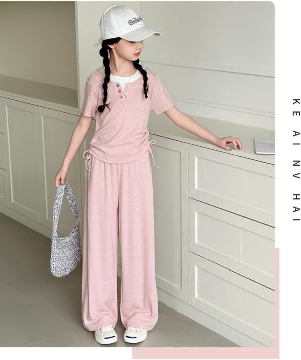 ⁦Girls' Summer Two-Piece Casual Set, Pink Short-Sleeve Top and Wide-Leg Trousers, Ages 5-16 Years clothing⁩ - الصورة ⁦7⁩