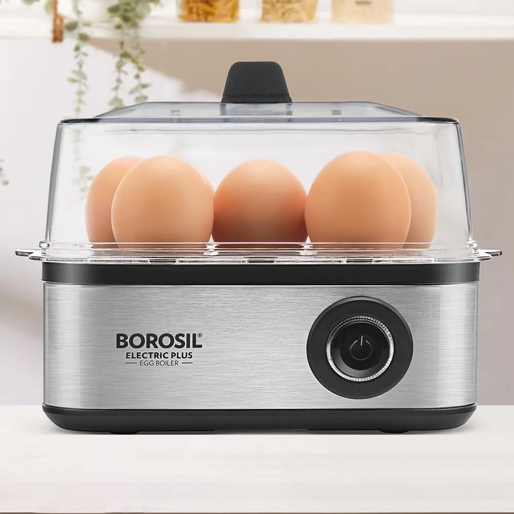 Borosil Electric Plus Egg Boiler with Poaching Tray, Boil Upto 8 Eggs At A Time, For Hard, Soft, Medium Boiled Eggs, Steamed Vegetables, Transparent Lid, Stainless Steel Exterior