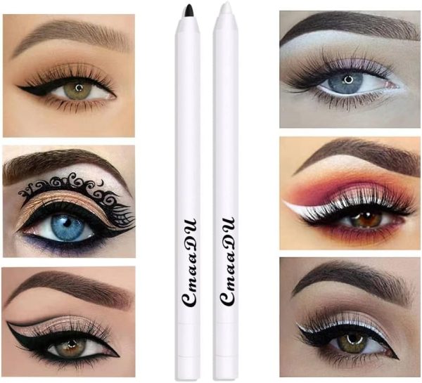⁦KASTWAVE Black White Eyeliner Pencil, 2 Pcs Matte Smooth White Eye Brightener Stick with Built-in Sharpener, Quick Drying Waterproof High Pigmented Highlighter Eye Liner Pen, Waterproof Smudge Proof⁩ - الصورة ⁦2⁩