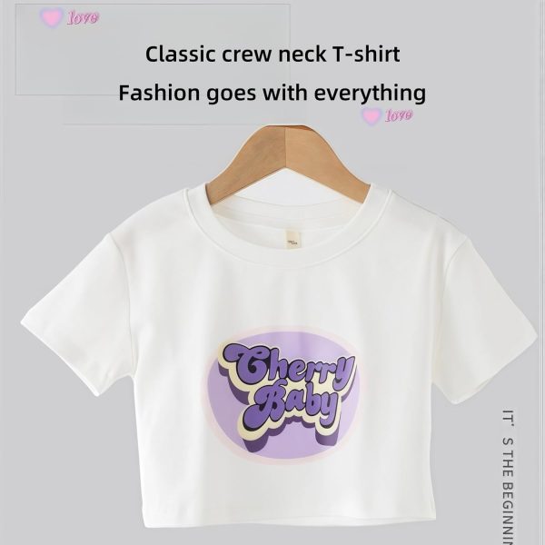 ⁦Girls' summer two-piece set, short short-sleeved top and wide-leg work pants, pinkish-purple and white, cool fabric, cute girl printed wide T-shirt + wide-leg pants, 5-16Y⁩ - الصورة ⁦5⁩