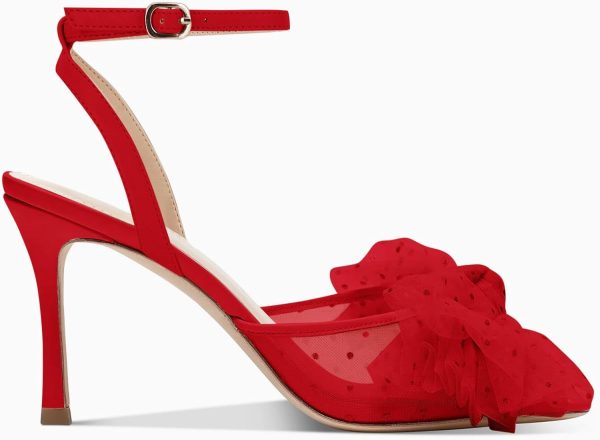 ⁦Coutgo Womens Bow Tie Heels Sandals Sexy Peep Toe Slingback Pumps Mesh High Stiletto Heel Summer Dress Wedding Shoes⁩ - الصورة ⁦4⁩