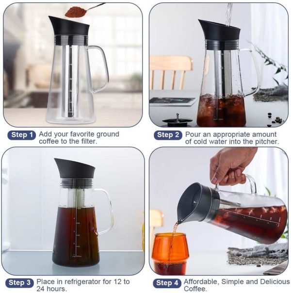 ⁦Azonee Cold Brew Coffee Maker, 1400ml Iced coffee maker Machine, with Removable 304 Stainless Steel Fine Mesh Infuser, Cold Brew Coffee Iced Hot Tea Maker, Cold Brew Tea and Fruit Infused Water⁩ - الصورة ⁦5⁩