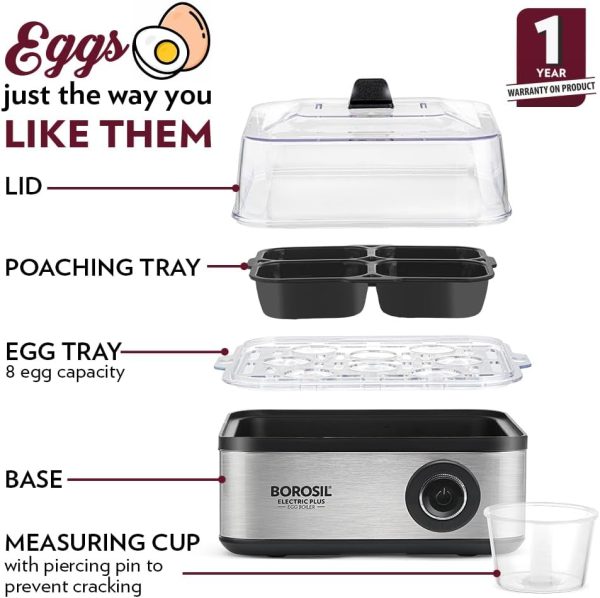 ⁦Borosil Electric Plus Egg Boiler with Poaching Tray, Boil Upto 8 Eggs At A Time, For Hard, Soft, Medium Boiled Eggs, Steamed Vegetables, Transparent Lid, Stainless Steel Exterior⁩ - الصورة ⁦7⁩