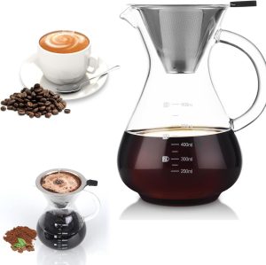 Azonee Pour Over Coffee Maker, 600ml Paperless Borosilicate Glass Carafe With Reusable Stainless Steel Permanent Filter - Clear Manual Dripper Brewer for Home Office