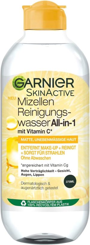 Garnier All-in-1 Micellar Cleansing Water with Vitamin C for a Radiant Complexion, Make Up Remover and Facial Cleansing for Tired Skin, Skin Active, 1 x 375 ml