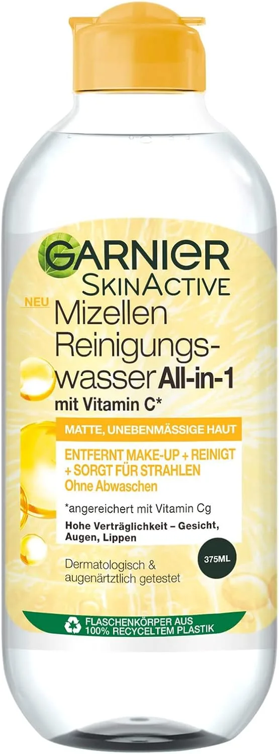 Garnier All-in-1 Micellar Cleansing Water with Vitamin C for a Radiant Complexion, Make Up Remover and Facial Cleansing for Tired Skin, Skin Active, 1 x 375 ml