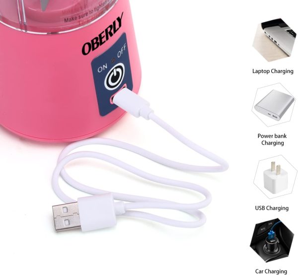 ⁦OBERLY Portable Blender, Smoothie Juicer Cup - Six Blades in 3D, 13oz Fruit Mixing Machine with 2000mAh USB Rechargeable Batteries, Ice Tray, Detachable Cup⁩ - الصورة ⁦4⁩