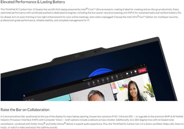 ⁦Lenovo Gen 12 ThinkPad X1 Carbon Laptop with Intel Ultra 7 155U Processor, 14" WUXGA 100% sRGB Non-Touch Display, 32GB 6400MHz RAM, 512GB Gen4 Performance SSD, FHD+ IR+ RGB Camera, and Windows 11 Pro⁩ - الصورة ⁦4⁩