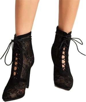 SPEES Boots for Women Basic Sandals, Boots, Women's High Heels, Shallow Sexy Hollow Mesh Lace-up Cross Lace-up Boots, Party Shoes, Party (Color : Black, Size : 39 EU)