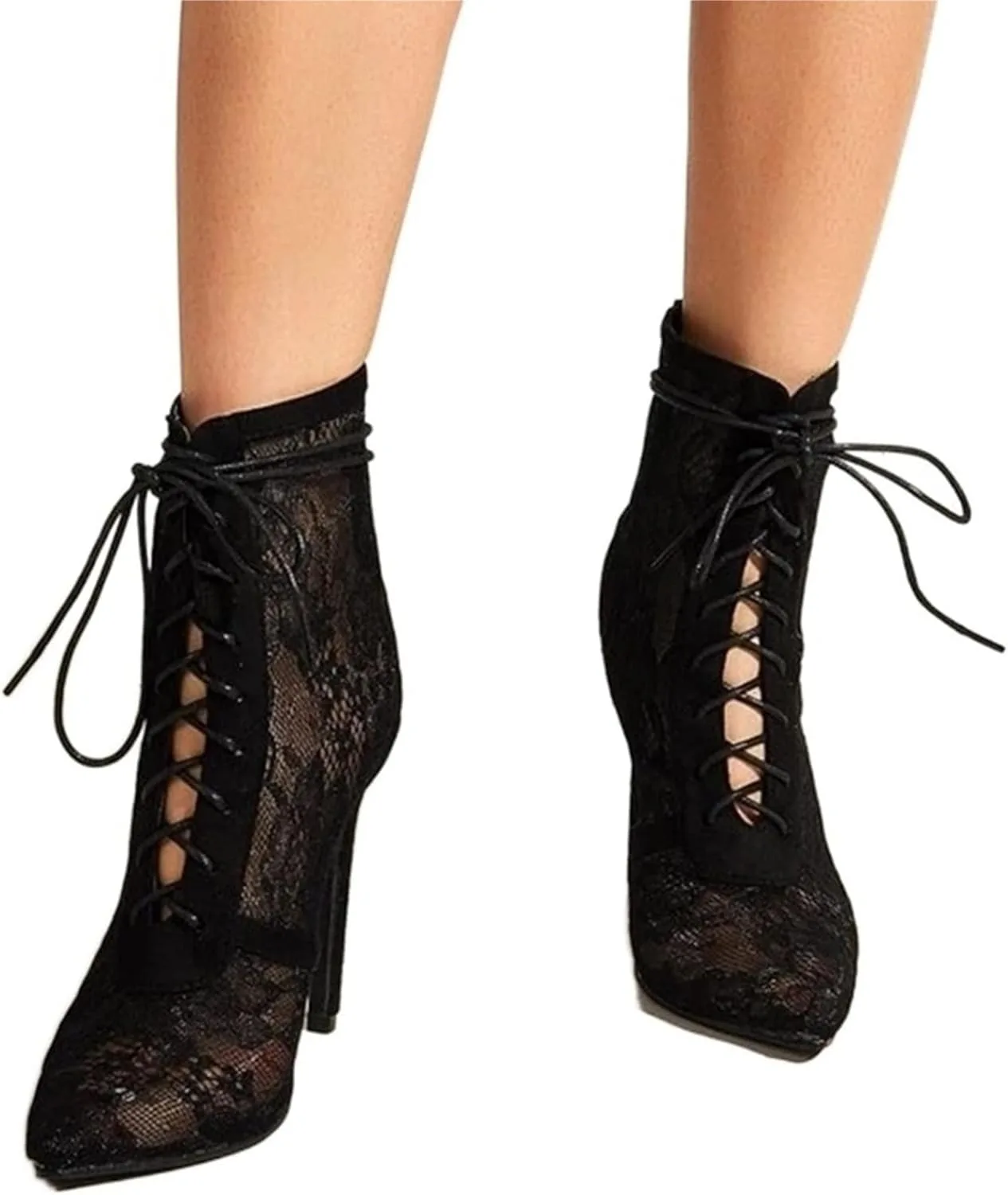 SPEES Boots for Women Basic Sandals, Boots, Women's High Heels, Shallow Sexy Hollow Mesh Lace-up Cross Lace-up Boots, Party Shoes, Party (Color : Black, Size : 39 EU)