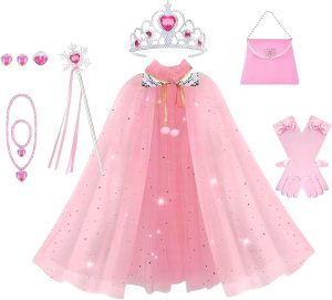 Princess Costume Dress up Clothes for Girl 3-10 Year Old, Princess Cape Set with Beaded Jewelry, Princess Cosplay Up Set for Little Girls Toddler Birthday Halloween Party