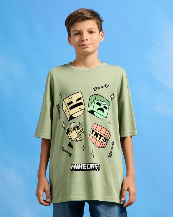 ⁦REDTAG Senior Boys Lime Green Oversize Minecraft T-Shirt⁩ - الصورة ⁦3⁩
