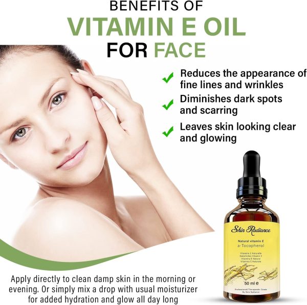 ⁦Skin Radiance Premium 100% Pure Vitamin E Oil for Face & - 60,000 IU in Glass Bottle - Highly Moisturising Oil for , Nails & Hair - Vegan, No GMO & Hexane Free. 50ml⁩ - الصورة ⁦2⁩