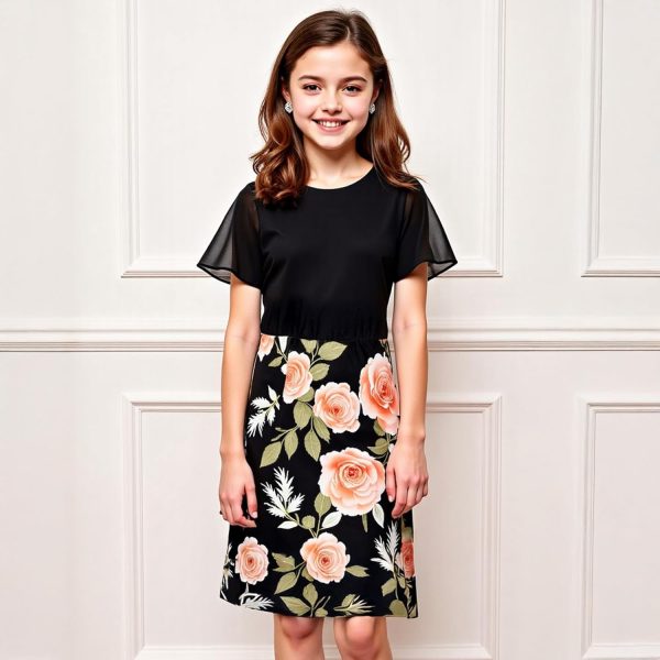 ⁦XULINOVA girl dress, cotton like stretch jersey top & 4 way stretch fabric skirt, flower Print, 1 set For Ages 8-12Y,summer, daily, casual, holiday⁩ - الصورة ⁦2⁩