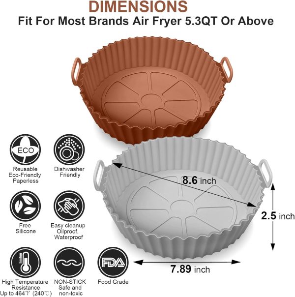 ⁦XIILSIE Air Fryer Silicone Pot, 2Pcs 8.6'' Air Fryer Silicone Liners Food Safe Non Stick Air fryer Basket Oven Accessories, Reusable Replacement of Parchment Liner Paper Fits 5.3QT or Bigger Air Fryer⁩ - الصورة ⁦2⁩