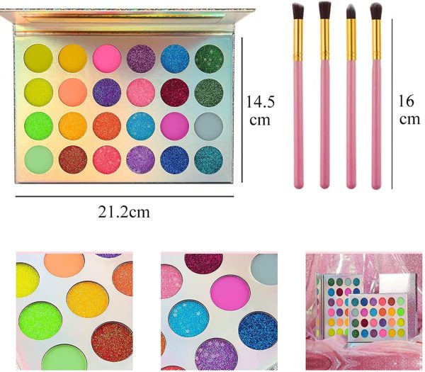 ⁦Glow in the Dark Makeup, Face Body Paint Neon, UV Glow in the Dark, Matte, and Glitter, 24 Colors Highly Pigmented Eyeshadow Kit with 4 Brushes for New Year Face Body Makeup Non-Toxic & Smudgeproof⁩ - الصورة ⁦6⁩