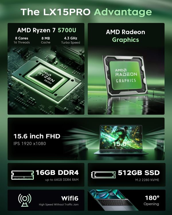 ⁦KAIGERR Laptop AMD Ryzen 7 5825U(L3 16MB) 15.6-in 16GB DDR4 512GB NVMe SSD AMD Laptops Notebook-Computer WiFi 6 Numeric Keypad HDMI Type-C 3.5mm Audio Webcam USB 3.2 Student Laptop⁩ - الصورة ⁦2⁩