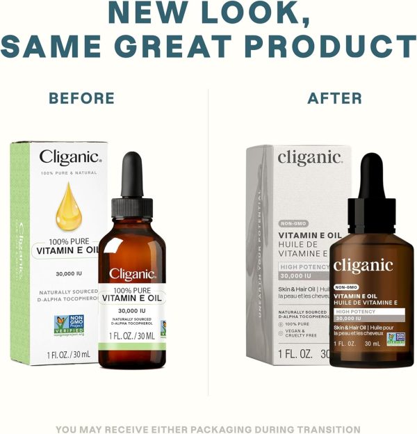 ⁦Cliganic 100% Pure Vitamin E Oil for Skin, Hair & Face - 30,000 IU, Non-GMO Verified | Natural D-Alpha Tocopherol (Packaging May Vary)⁩ - الصورة ⁦2⁩