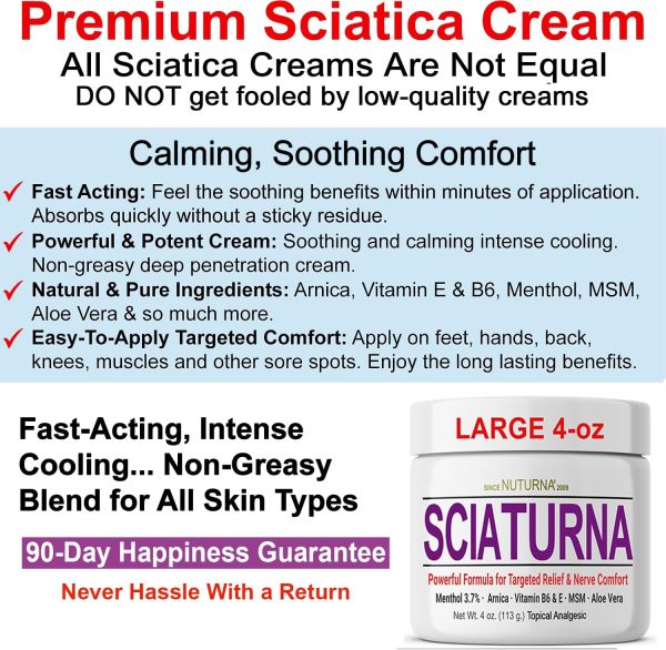 ⁦Sciatica Nerve Cream - Maximum Strength Comfort Cream for Feet, Hands, Legs, Toes, Back - Natural Ultra Strength Arnica, MSM, Menthol, Soothing Comfort, Large 4 Oz⁩ - الصورة ⁦4⁩