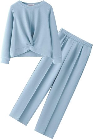 Yekaty Girls Clothes Long Sleeve Twist Front Shirts and Wide Leg Pants Sweatsuits 2 Piece Fall Outfits Jogger Set