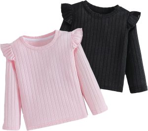 Xumplo Toddler Girl Long Sleeve Ruffle T-Shirt Children Crew Neck Ribbed Top Blouse Girls 2-Pack Tees Clothes