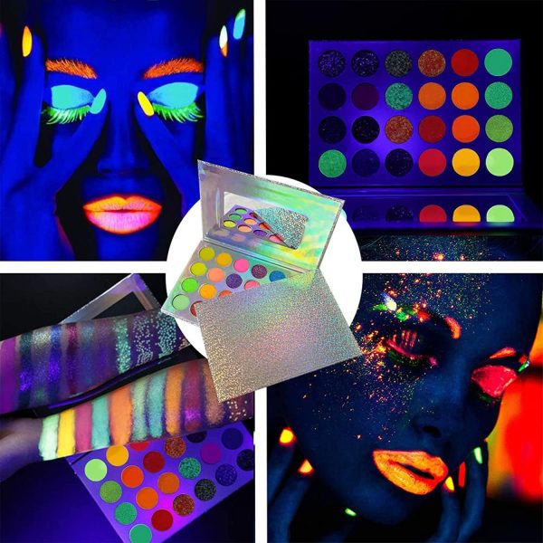 ⁦Glow in the Dark Makeup, Face Body Paint Neon, UV Glow in the Dark, Matte, and Glitter, 24 Colors Highly Pigmented Eyeshadow Kit with 4 Brushes for New Year Face Body Makeup Non-Toxic & Smudgeproof⁩ - الصورة ⁦7⁩