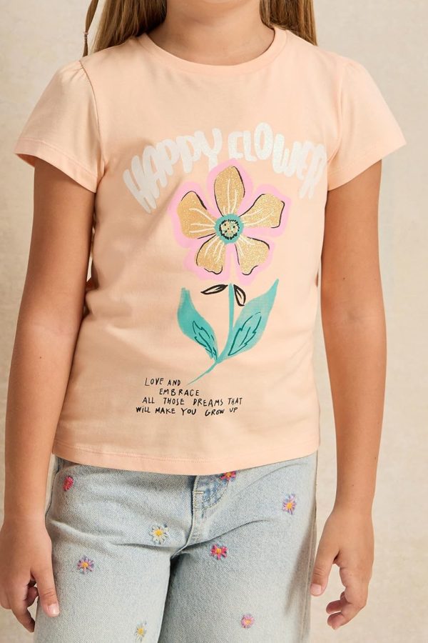 ⁦REDTAG Girls Orange Happy Flower Printed T-Shirt⁩ - الصورة ⁦5⁩