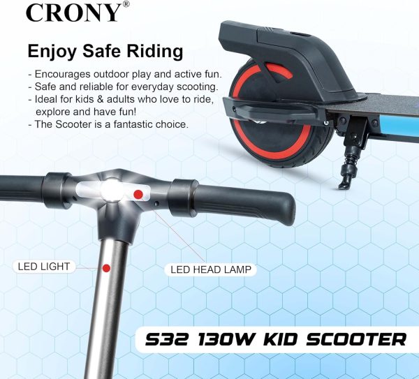 ⁦CRONY S32 Kids Foldable E-Scooter with LED Light Bar RGB Deck Lights & LED Display & E-Brake and E-Accelerator & Extended Footrest Supports Up to 100KG (Black)⁩ - الصورة ⁦8⁩