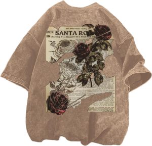Lubpow Mens Acid Wash Tshirt Oversized Vintage Graphic T-Shirts Cool Grunge Rose Floral Shirt Trendy Y2K Streetwear Tee Tops