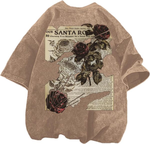 Lubpow Mens Acid Wash Tshirt Oversized Vintage Graphic T-Shirts Cool Grunge Rose Floral Shirt Trendy Y2K Streetwear Tee Tops