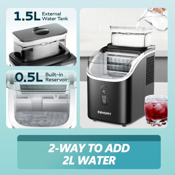 ⁦EUHOMY Ice Cube Maker Machine Countertop with External Water Tank, 34Lbs, 16Pcs Ready in 13 Mins, 2 Ways to Add Water, Auto-Cleaning, with Ice Scoop & Basket, for Home/Kitchen/Office/Bar (Black)⁩ - الصورة ⁦3⁩