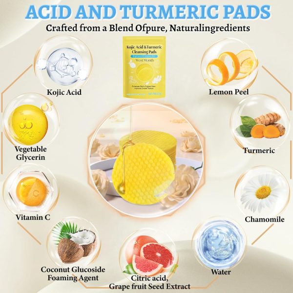 ⁦Kojic Acid & Turmeric Cleansing Pads – Brighten & Even Skin Tone with Kojic & Turmeric Extracts – Natural Face Exfoliating Pads for Radiant, Smooth Skin 60pcs⁩ - الصورة ⁦4⁩